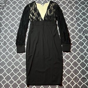 VENUS Long Sleeve Black Lace-Top V-Neck Dress - Size M